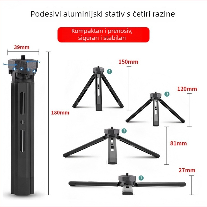 Potpuno metalni aluminijski stativ za telefon i kameru, stolni stativ s četiri razine visine, selfie stativ