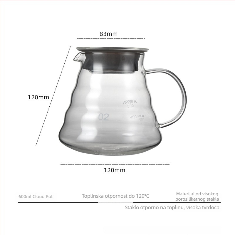 Debeli stakleni lončić za ručno prelijevanje kave, otporan na toplinu, 360ml/600ml