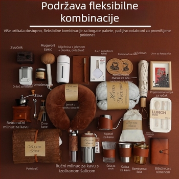 Retro set za kavu u filc koferu — poklon klijentima s mljevačem zrna, šalicama, mjernom žličicom i lončićem za prelijevanje