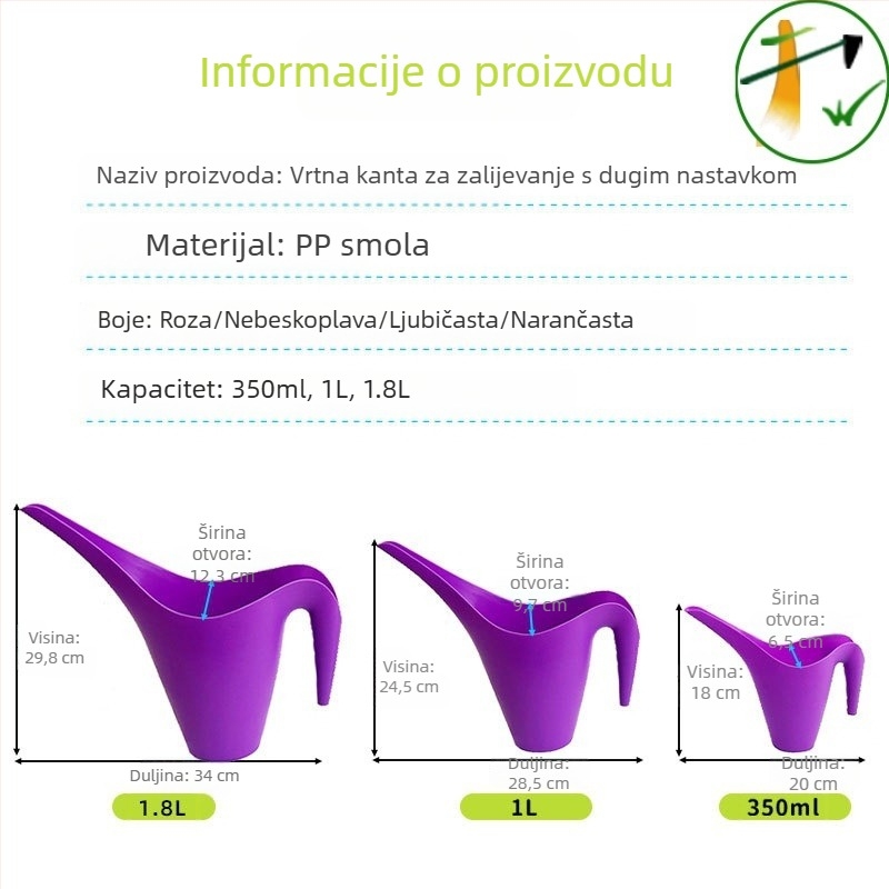 Zalijevka za zalijevanje s dugim izljevom, plastična, višebojna, 1L/1.8L