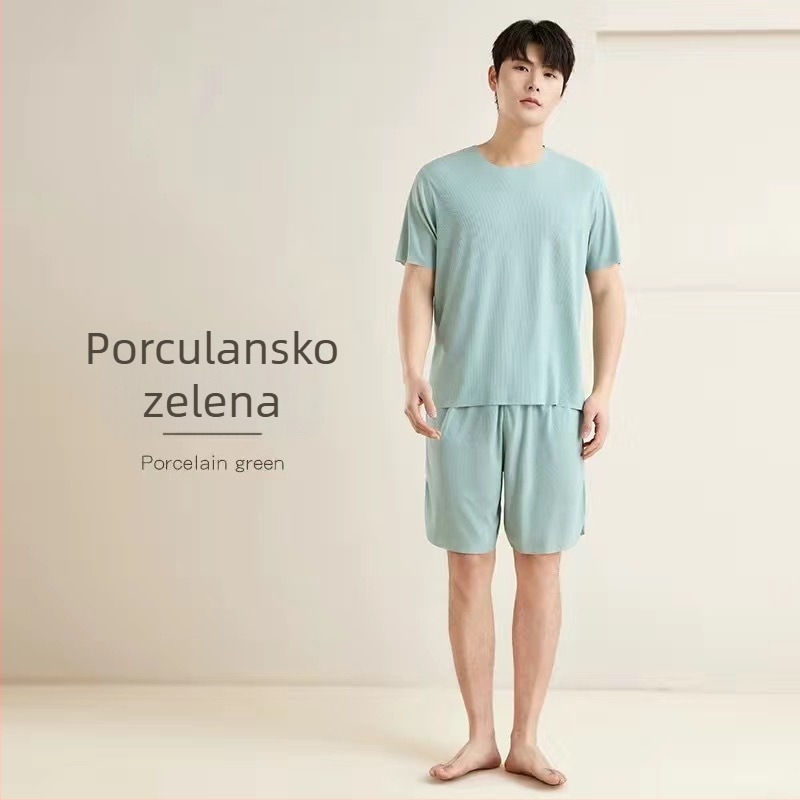 Muški Ice Silk set za kućnu upotrebu, s okruglim izrezom, bez šavova, kratki rukavi i kratke hlače, ultra lagan, prozračan, pogodan za kuću i vanjsku upotrebu, velika veličina.