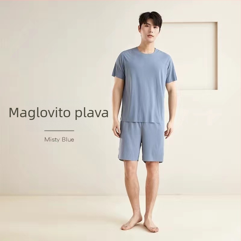 Muški Ice Silk set za kućnu upotrebu, s okruglim izrezom, bez šavova, kratki rukavi i kratke hlače, ultra lagan, prozračan, pogodan za kuću i vanjsku upotrebu, velika veličina.