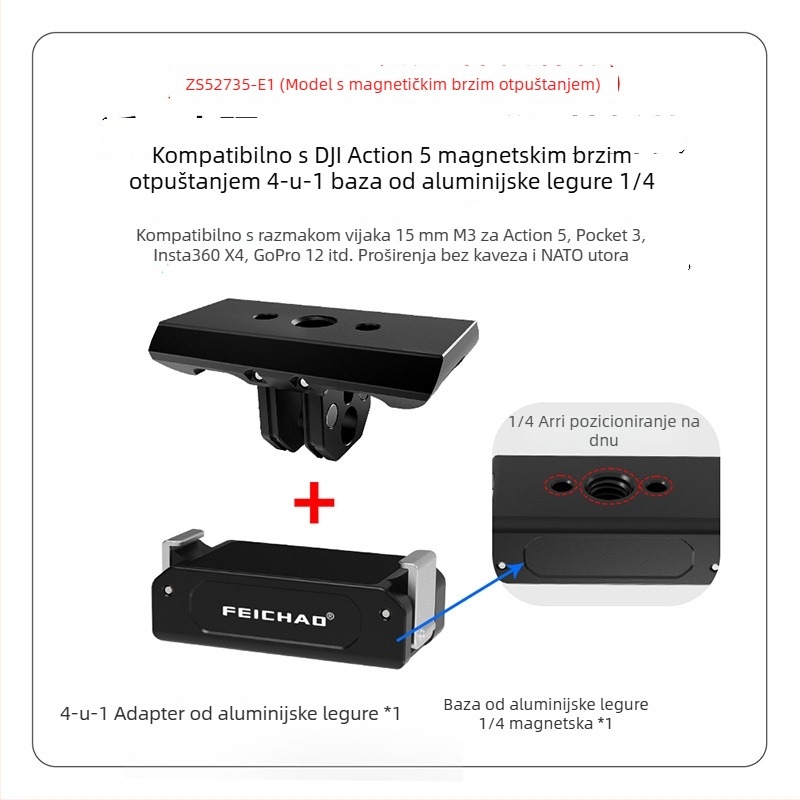Feichao 4-u-1 magnetski adapter za DJI Osmo 360 panoramsku kameru s pločom za brzo oslobađanje, 1/4-navoj