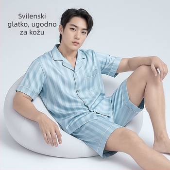 Muški ljetni set pidžama od modalnog materijala, s kratkim rukavima i kratkim hlačama, vertikalne pruge, ležerni kućni outfit
