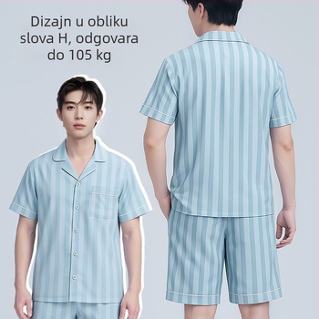 Muški ljetni set pidžama od modalnog materijala, s kratkim rukavima i kratkim hlačama, vertikalne pruge, ležerni kućni outfit