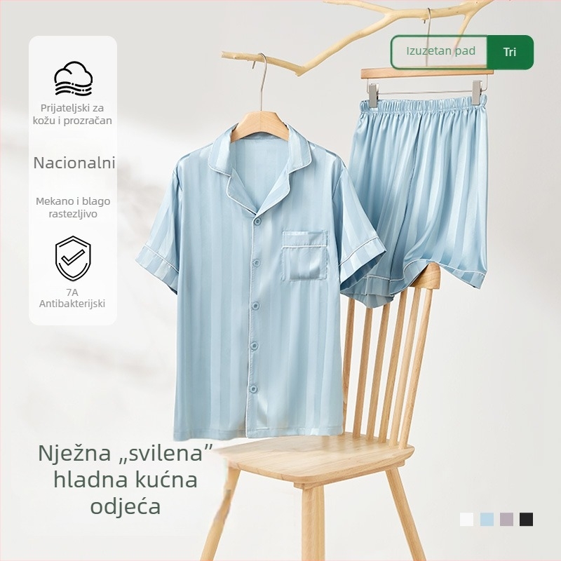Muški ljetni set pidžama od modalnog materijala, s kratkim rukavima i kratkim hlačama, vertikalne pruge, ležerni kućni outfit