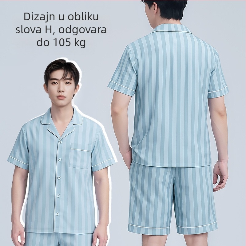 Muški ljetni set pidžama od modalnog materijala, s kratkim rukavima i kratkim hlačama, vertikalne pruge, ležerni kućni outfit