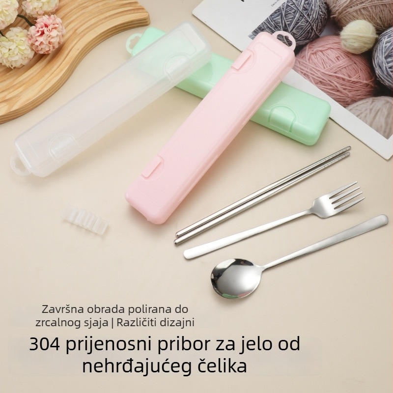 304 portabilni nehrđajući čelični set: štapići za jelo, žlica i desertna vilica – trodjelni set posuđa za studente, uredske djelatnike i vanjsku upotrebu