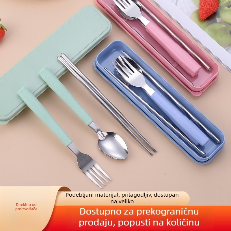 Korejskog stila prijenosni set posuđa od nehrđajućeg čelika – žlica, vilica i štapići za jelo, tri komada