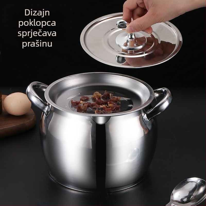 Lonac za masnoću s dvije ručke, poklopcem i filtrom, nehrđajući čelik, otporan na visoke temperature, velik kapacitet, za kućnu uporabu