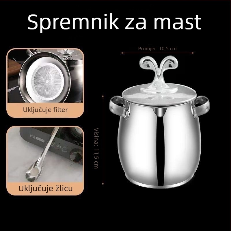Lonac za masnoću s dvije ručke, poklopcem i filtrom, nehrđajući čelik, otporan na visoke temperature, velik kapacitet, za kućnu uporabu
