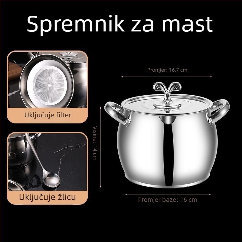 Lonac za masnoću s dvije ručke, poklopcem i filtrom, nehrđajući čelik, otporan na visoke temperature, velik kapacitet, za kućnu uporabu