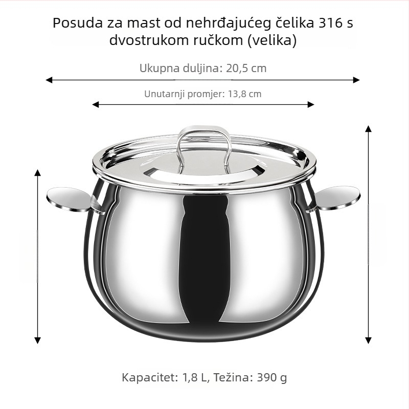 Posuda od nehrđajućeg čelika 316 za svinjsku masnoću s dvostrukim držačima, kuhinja – skladištenje i filtriranje ulja