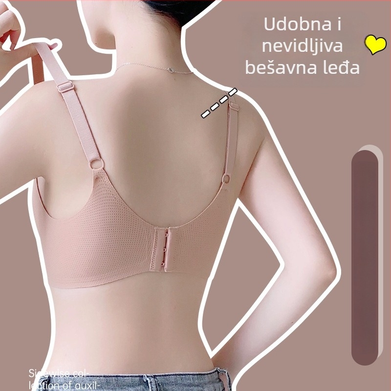 Bešavni grudnjak za plus veličine, bez žice, košarice 3/4, tanke oblikovane košarice, fiksni dvostruki naramenice, sportski stražnji dio, najlon
