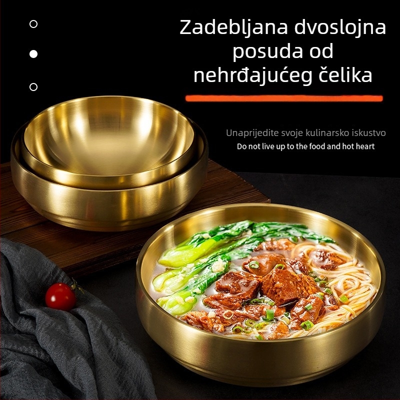 Zlatna posuda od nehrđajućeg čelika za korejske hladne rezance, zdjela u stilu bibimbap, zdjela za ramen i salatu, izolirana velika zdjela