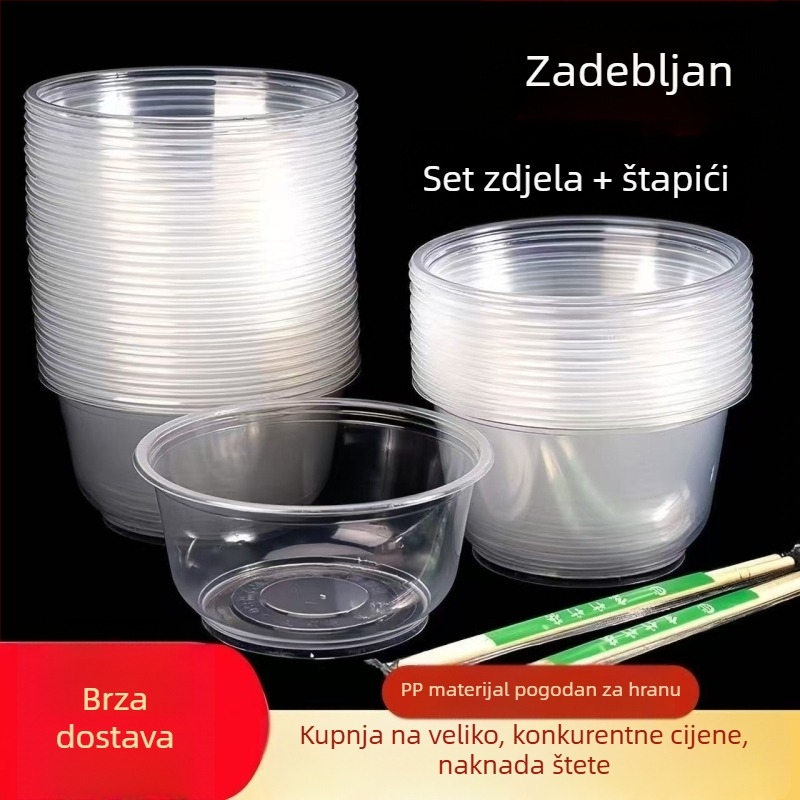 Jednokratni set plastičnih okruglih zdjela debelih stijenci, prehrambene kvalitete, za bankete i kućnu uporabu.