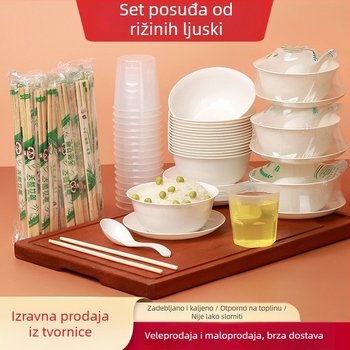 Debelo biološki razgradivi jednorazni set posuđa od ljuske riže, s zdjelama, tanjurima, čašama, žlicama i štapićima za kućnu i poslovnu upotrebu