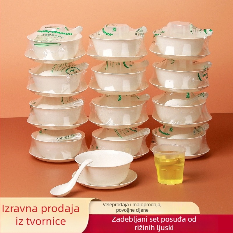 Debelo biološki razgradivi jednorazni set posuđa od ljuske riže, s zdjelama, tanjurima, čašama, žlicama i štapićima za kućnu i poslovnu upotrebu