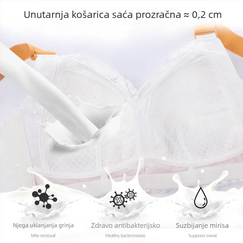 Ženski grudnjak bez metala i bez žice, s punim košaricama, tankim oblikovanim košaricama, bočna kopča, skuplja grudi i vizualno čini siluetu vitkijom za veće grudi