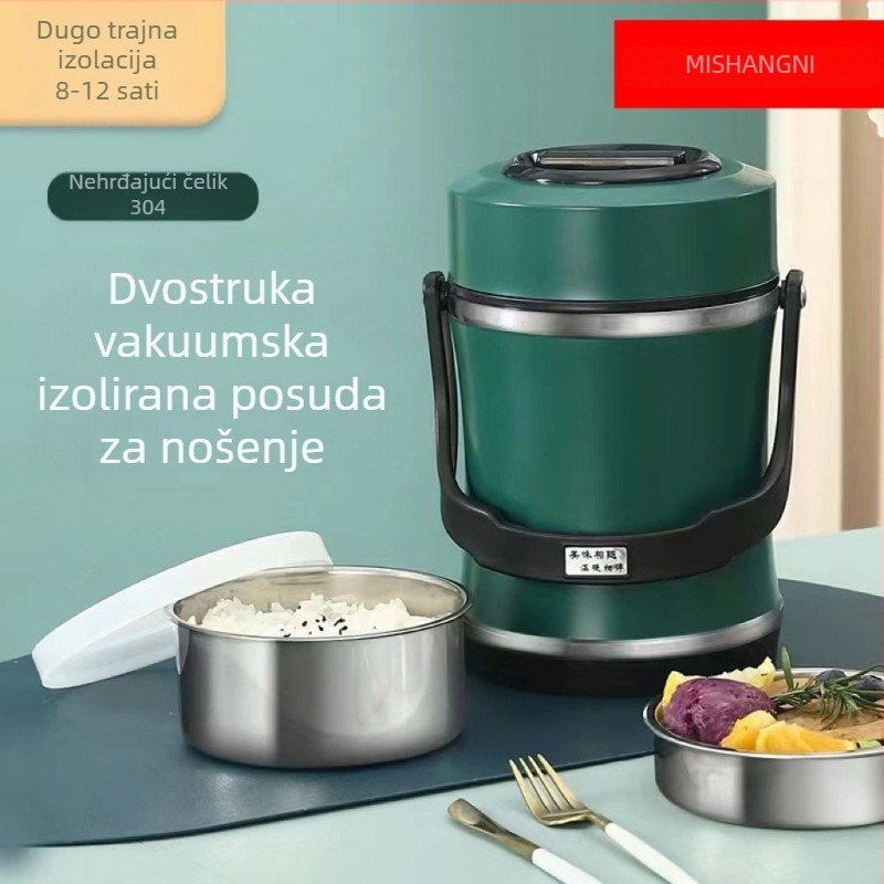 Kutija za hranu od 304 nehrđajućeg čelika s vakuumskom izolacijom, prenosna kutija za obrok s držačem, kapacitet 2,2 L