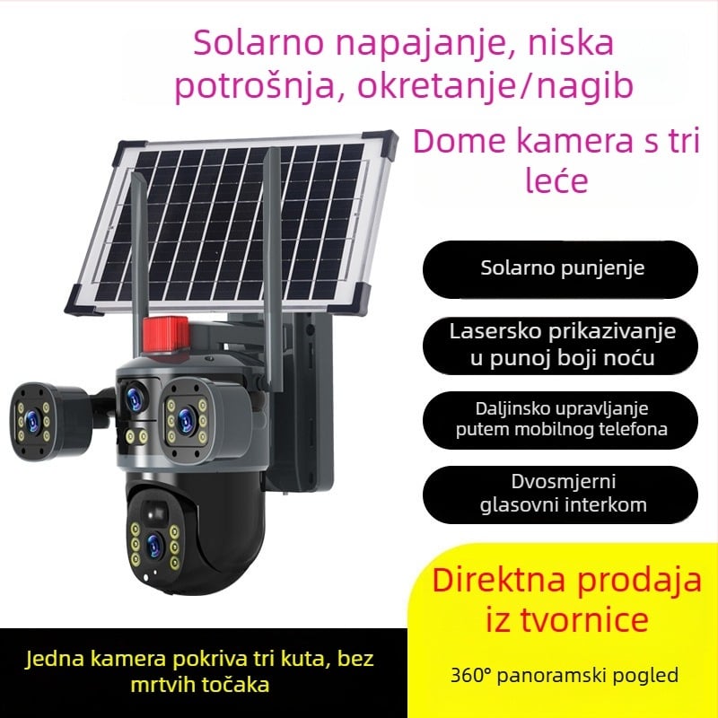 Solarnu sigurnosnu kameru s tri objektiva, 360° panoramski pogled, noćni prikaz u punoj boji visoke rezolucije i daljinski pristup putem mobilnog telefona