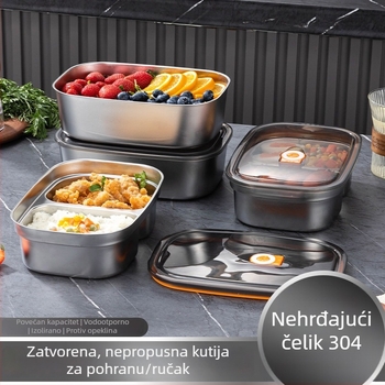 Kutija za obrok od nehrđajućeg čelika 304, zatvorena, mikrovalna kompatibilna, velika kapacitet, prijenosna s podijeljenim odjeljcima