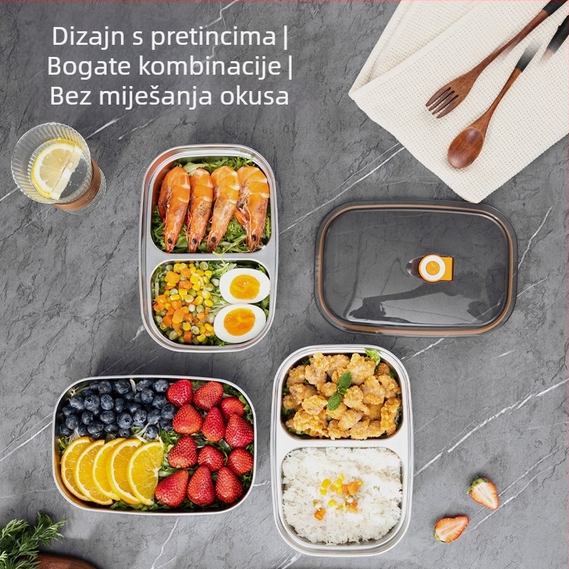 Kutija za obrok od nehrđajućeg čelika 304, zatvorena, mikrovalna kompatibilna, velika kapacitet, prijenosna s podijeljenim odjeljcima