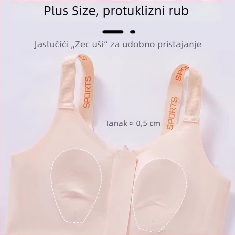 Ženski sportski grudnjak s prednjim zatvaračem, punim košaricama, tanak kroj, minimiziranje dojki, bočna podrška i podizanje