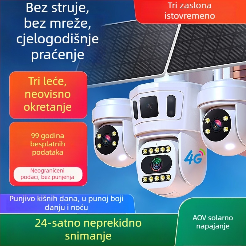 Solarna vanjska sigurnosna kamera s tri objektiva, 360° panoramski pogled, 4G povezanost