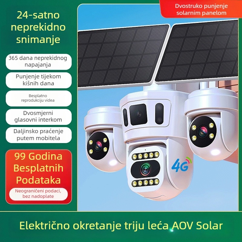 Solarna vanjska sigurnosna kamera s tri objektiva, 360° panoramski pogled, 4G povezanost