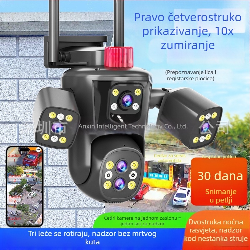 Vanjska bežična kamera za nadzor s četiri pogleda i panoramskim pokrivanjem bez mrtvih kutova, pristup putem pametnog telefona, boja noćnog vida s dvostrukim osvjetljenjem