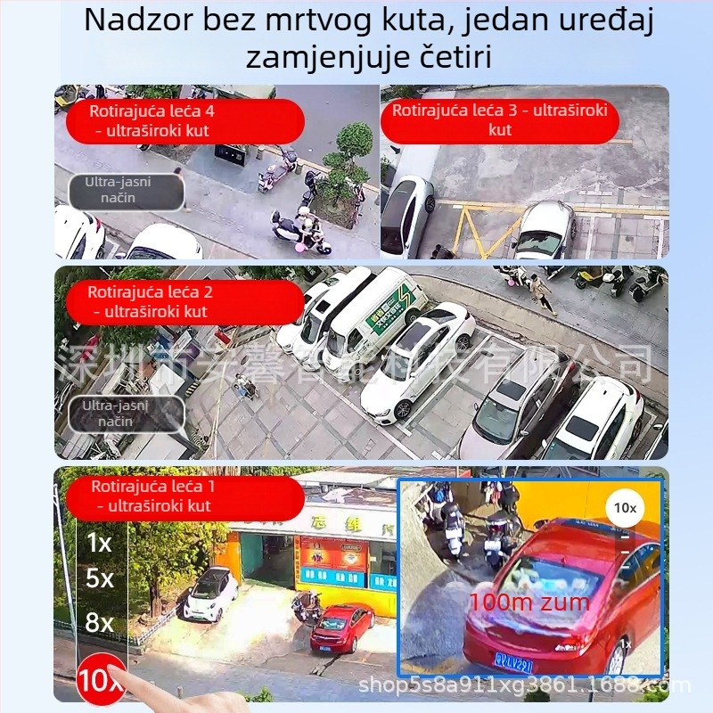 Vanjska bežična kamera za nadzor s četiri pogleda i panoramskim pokrivanjem bez mrtvih kutova, pristup putem pametnog telefona, boja noćnog vida s dvostrukim osvjetljenjem
