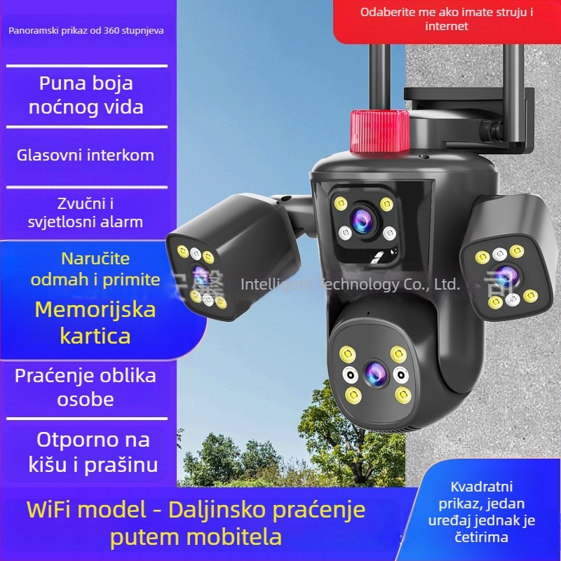 Vanjska bežična kamera za nadzor s četiri pogleda i panoramskim pokrivanjem bez mrtvih kutova, pristup putem pametnog telefona, boja noćnog vida s dvostrukim osvjetljenjem