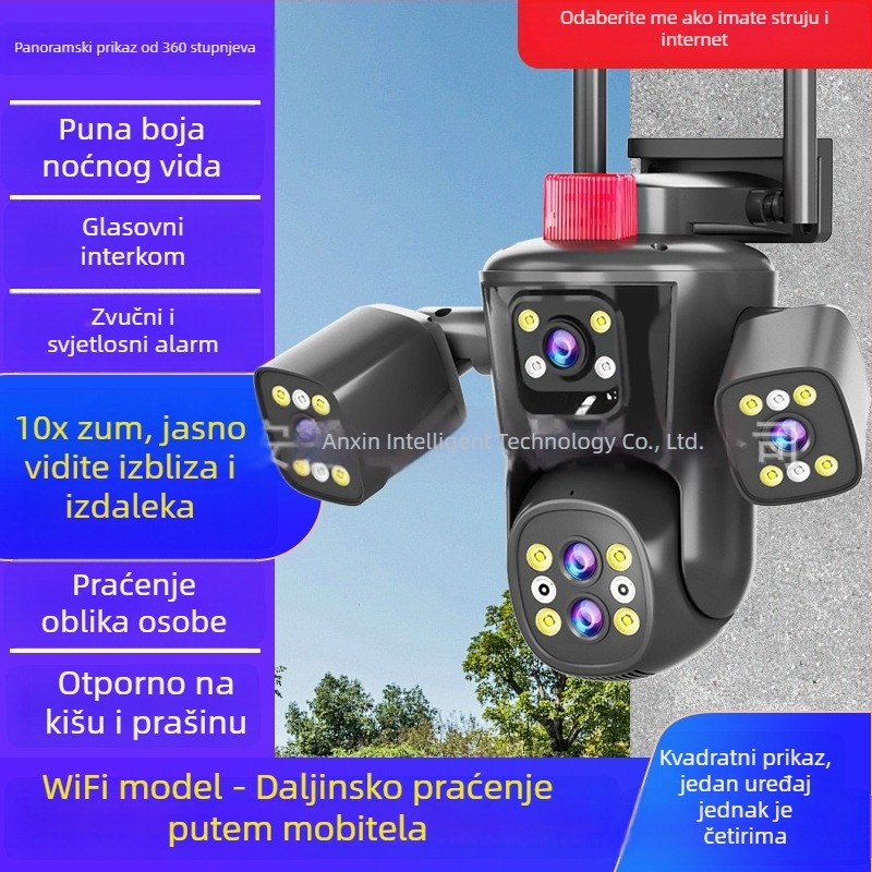 Vanjska bežična kamera za nadzor s četiri pogleda i panoramskim pokrivanjem bez mrtvih kutova, pristup putem pametnog telefona, boja noćnog vida s dvostrukim osvjetljenjem