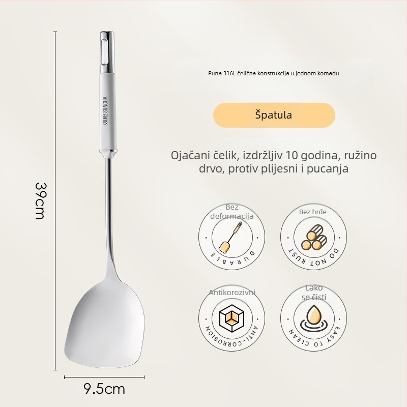 Set kuhinjskih alata od 316L nehrđajućeg čelika: spatula za kuhanje, cedilo, jušna žlica i žlica za prženje