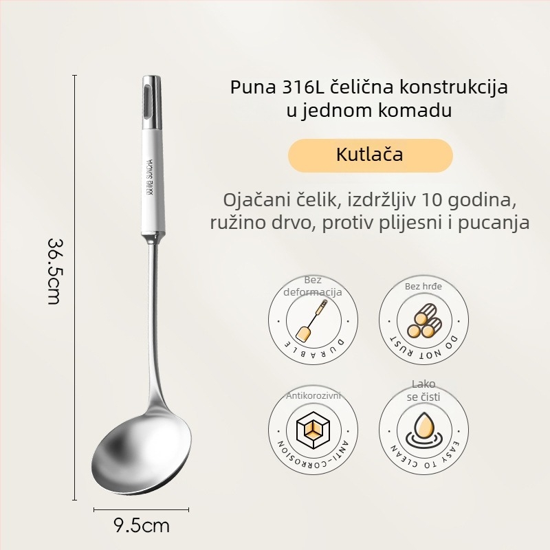 Set kuhinjskih alata od 316L nehrđajućeg čelika: spatula za kuhanje, cedilo, jušna žlica i žlica za prženje