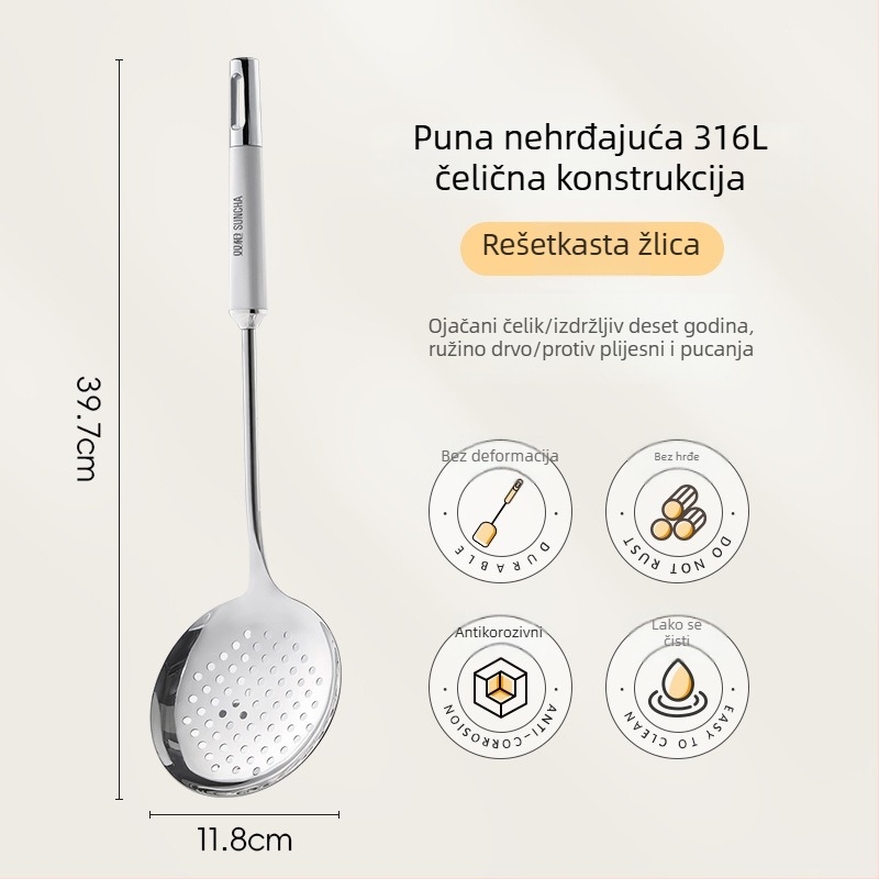 Set kuhinjskih alata od 316L nehrđajućeg čelika: spatula za kuhanje, cedilo, jušna žlica i žlica za prženje