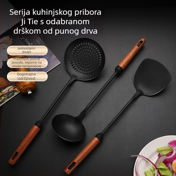 Željezna lopatica za wok i cjediljna žlica s dugim drvenim držačem – set kuhinjskih alata