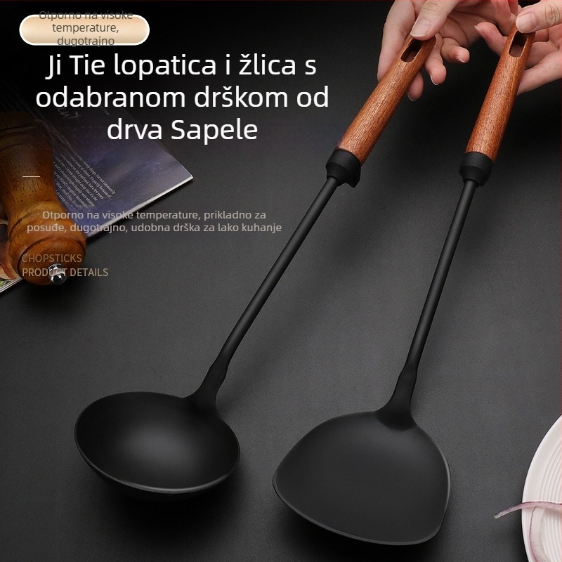 Željezna lopatica za wok i cjediljna žlica s dugim drvenim držačem – set kuhinjskih alata