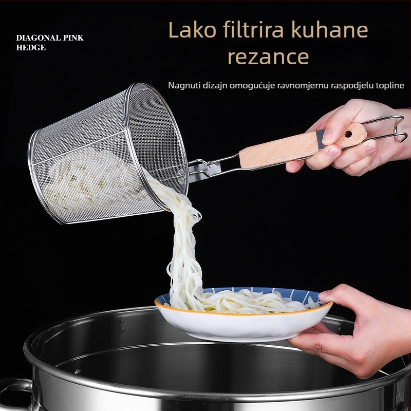Kuhinjska cediljka od nehrđajućeg čelika s drvenom drškom, viseće sito za rezance i povrće, veliko mrežasto cedilo