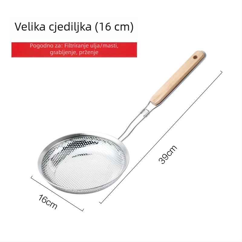 Velika nehrđajuća čelična cjediljka-žlica za vruće lonce i prženje, debeli i duboki filtracijski dio