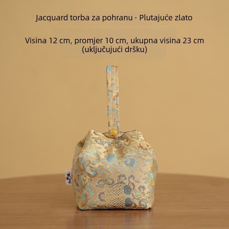 Torba za čajni set sa zlatom brokatnom tkaninom, čajnik i šalice, prijenosna platnena torba za vanjsku upotrebu