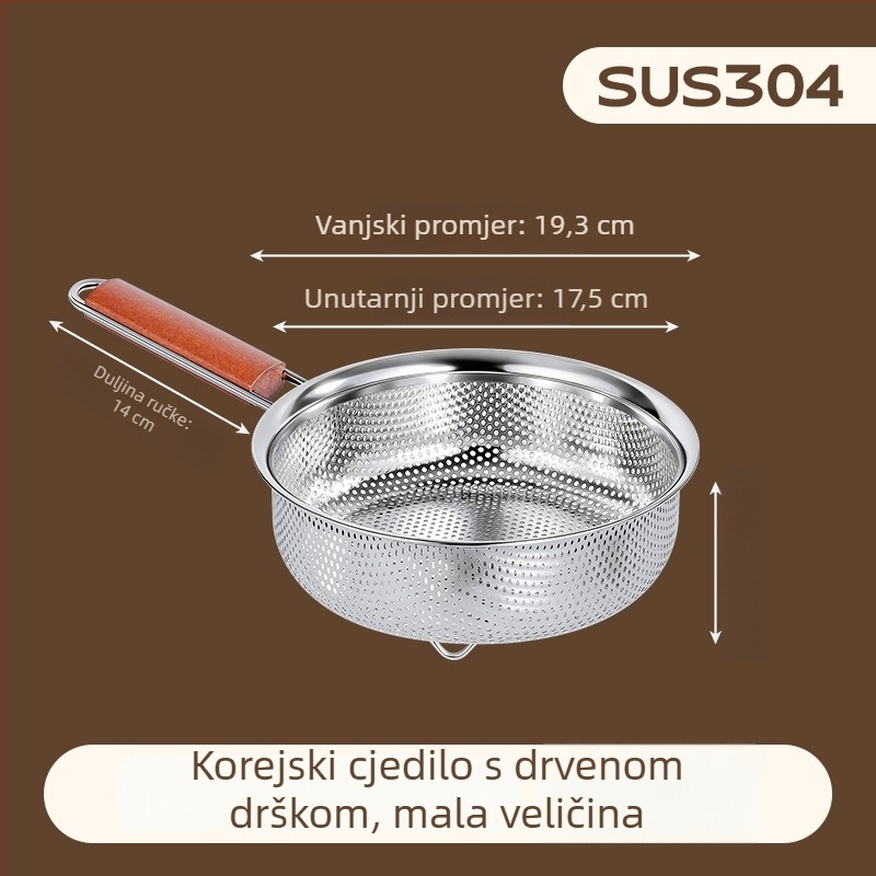 Višefunkcijska cjediljka od 304 inoxa s drvenom drškom, korejskog stila, za ocjeđivanje vode, kuhanje rezanaca, prženje i filtriranje ulja