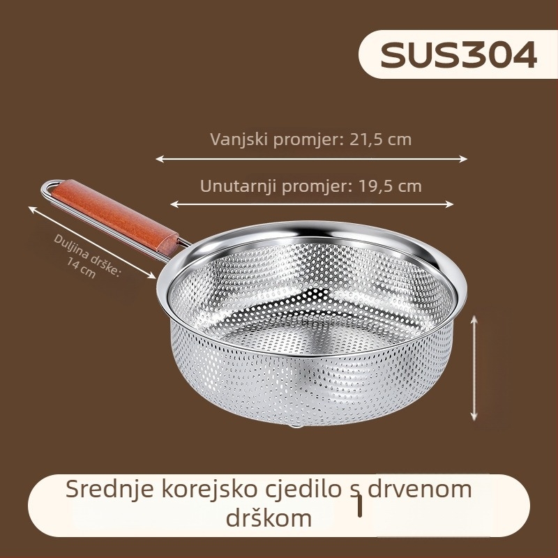Višefunkcijska cjediljka od 304 inoxa s drvenom drškom, korejskog stila, za ocjeđivanje vode, kuhanje rezanaca, prženje i filtriranje ulja