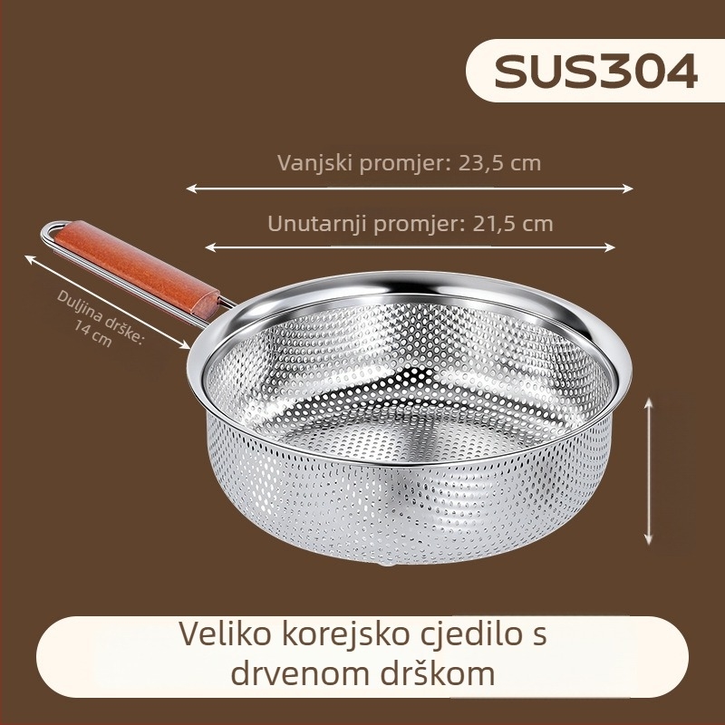 Višefunkcijska cjediljka od 304 inoxa s drvenom drškom, korejskog stila, za ocjeđivanje vode, kuhanje rezanaca, prženje i filtriranje ulja