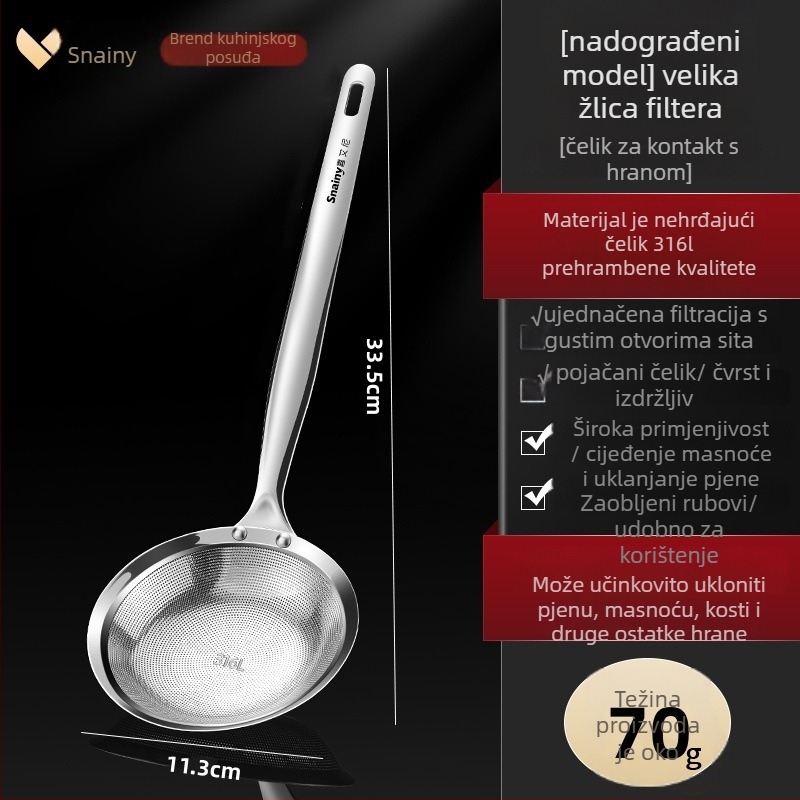 Žlica za pjenu od nehrđajućeg čelika 316 za kućnu kuhinju, uklanjanje pjene i odvajanje ulja, s mrežicom za filtriranje