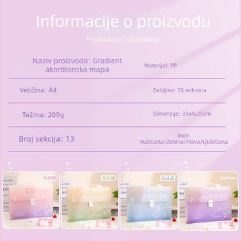 A4 akordeonska mapa s ručkom, gradijentne boje, 12 pretinaca, za učenike, organizator dokumenata