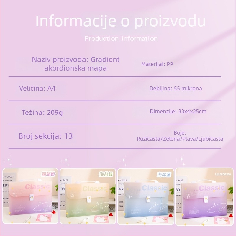 A4 akordeonska mapa s ručkom, gradijentne boje, 12 pretinaca, za učenike, organizator dokumenata