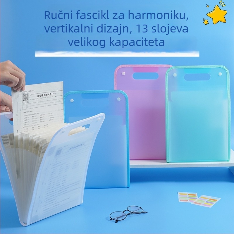 Vertikalna akordeonska mapa s ručkom, višestruki pretinci za studentske dokumente, prozirna torba za dokumente