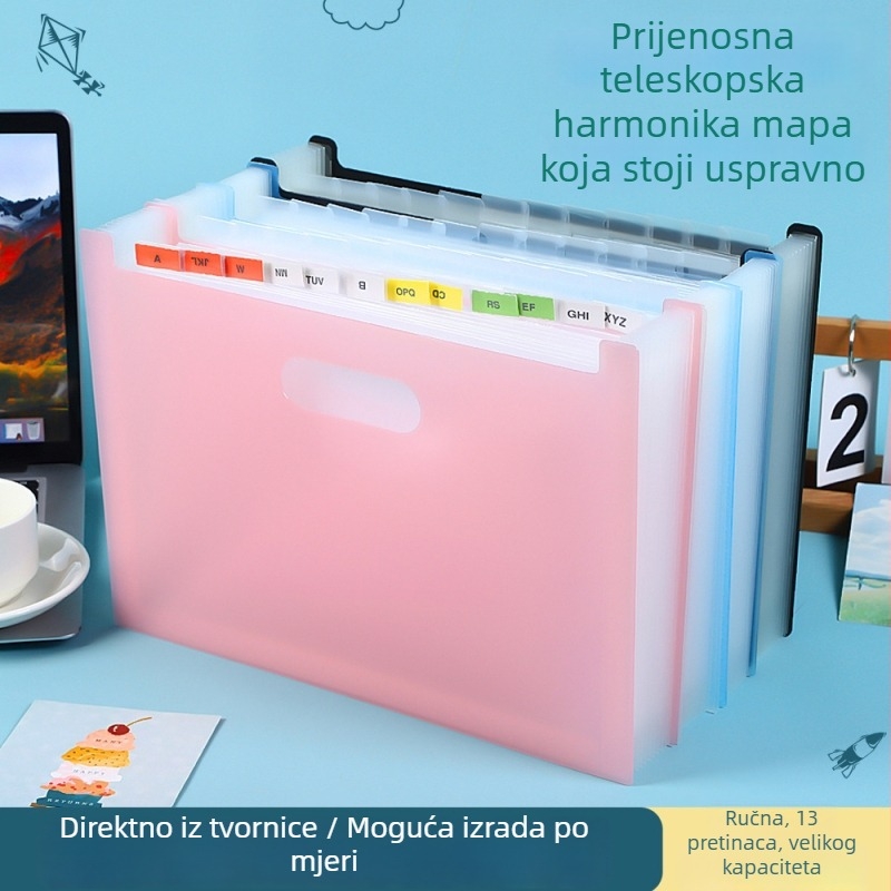 Višeslojni vertikalni akordeonski folder s ručkom za nošenje, za organiziranje ispitnih radova i dokumenata, velike kapacitete, A4 veličina.